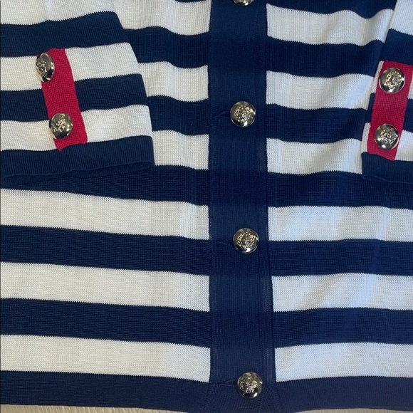 Navy and White Striped Women's Cardigan with Gold Accents - Picture 3 of 6